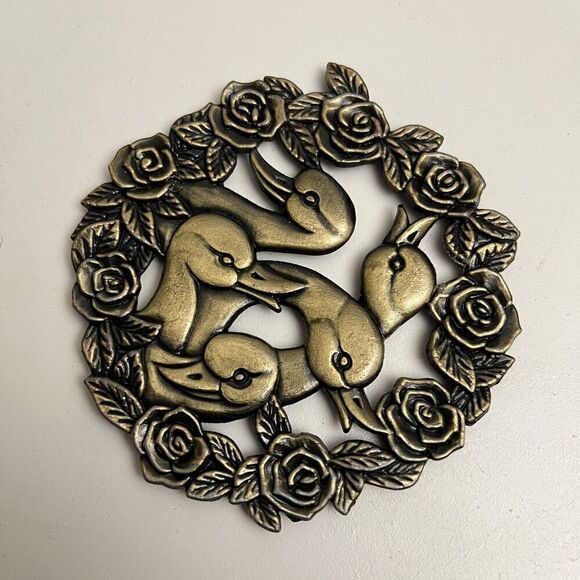 Vintage Mallard Duck Rosette Brass Mini Trivet 3” - Picture 2 of 4